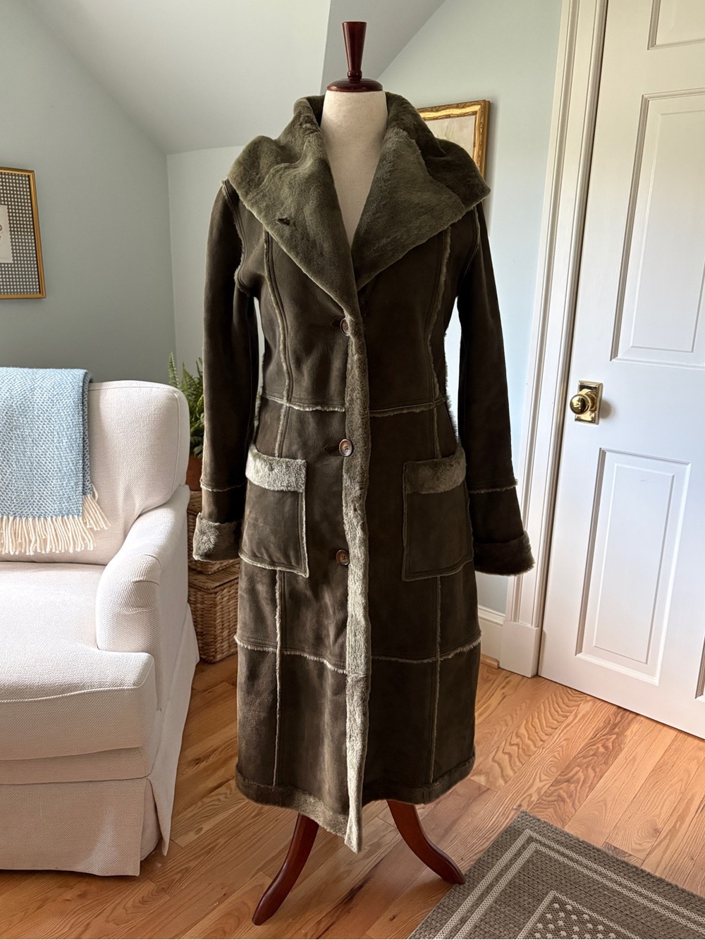 Women's Olive Shearling Long Coat
